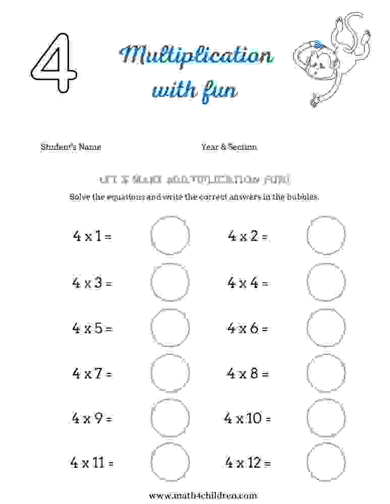 Review multiplication skills with test quizzes. Times four tables